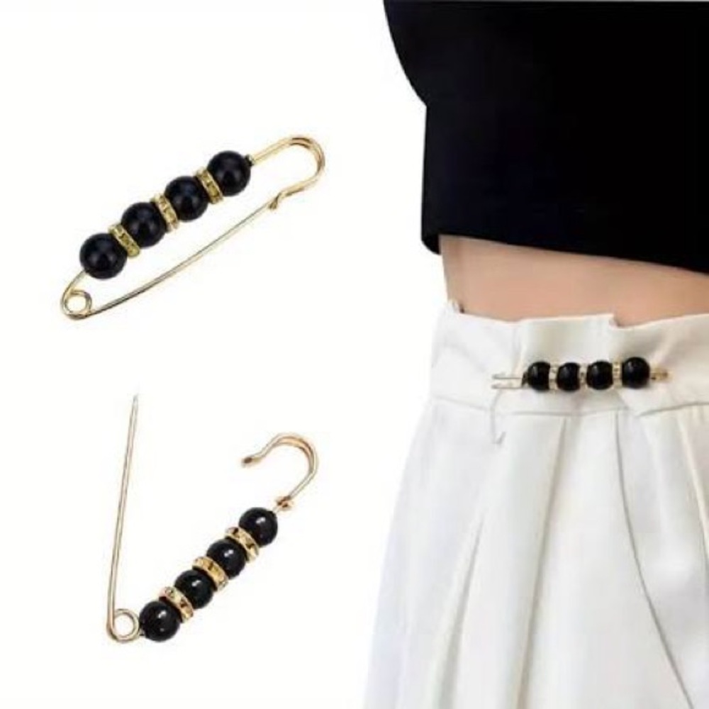 Pearl Pins Linear Brooch Waist Cincher Lux Safety Pin Gold Tone Crystals Pearls - Picture 7 of 11